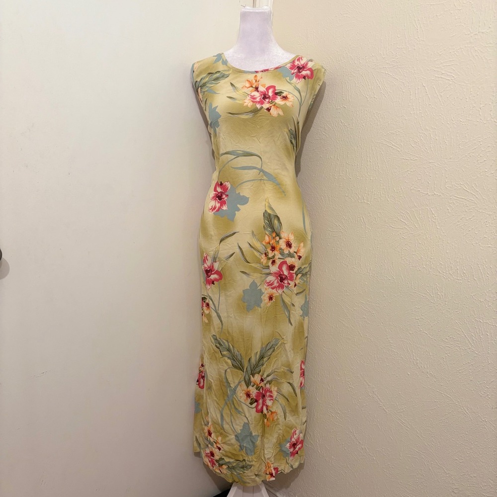 Yellow Green Pastel Floral Sleeveless Maxi Dress Tropical Hibiscus Hawaiian 2X